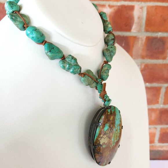 Rustic Turquoise Nugget Necklace With Large Oval Stone Pendant & Leather Cord - Picture 6 of 14